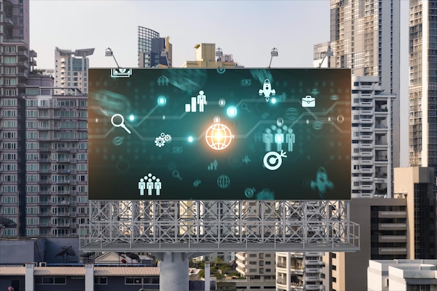 World planet Earth map hologram and social media icons on billboard over panorama city view of Bangkok Southeast Asia The concept of people networking and connections