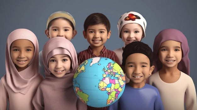 World Population Day Smiling children of different nationalities on the background of the globe