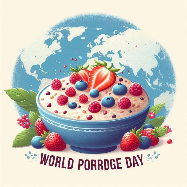 Photo world porridge day blue bowl of oatmeal with berries icon healthy cereal breakfast with fruits illustration porridge day poster for october 10