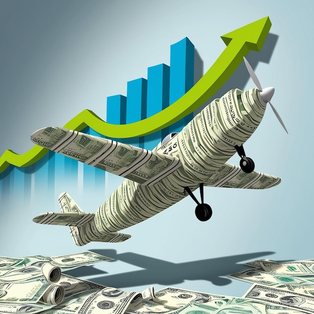 Photo world production growth graph shows growth after fall airplane made of dollars as symbol of economic recovery