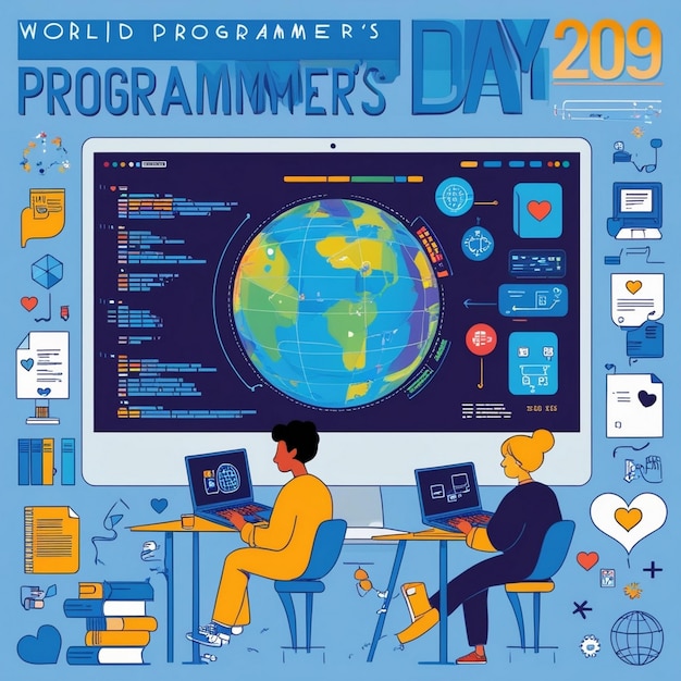 World Programmers Day Poster Graphic of a Woman Working on a Computer