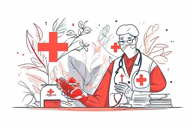 Photo world red cross day on may 8 illustration to medical health and providing blood in hand drawn for web banner or landing page templates