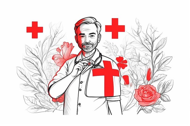 Photo world red cross day on may 8 illustration to medical health and providing blood in hand drawn for web banner or landing page templates