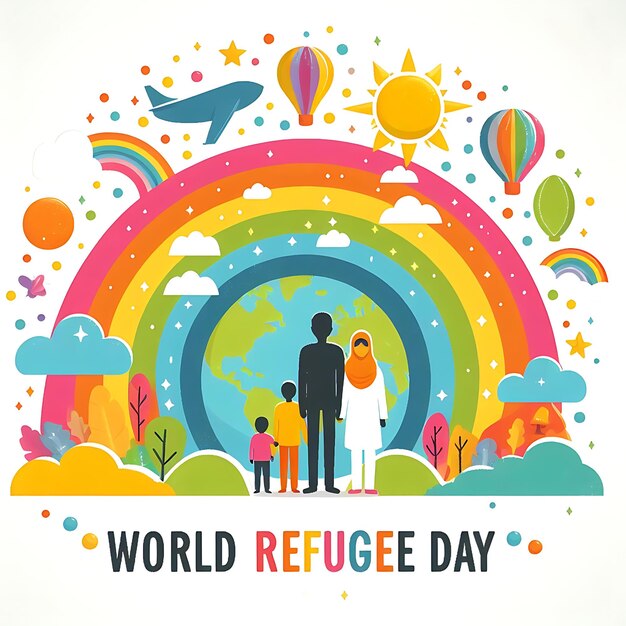 world refugee day a poster for world day with a rainbow and a happy family day