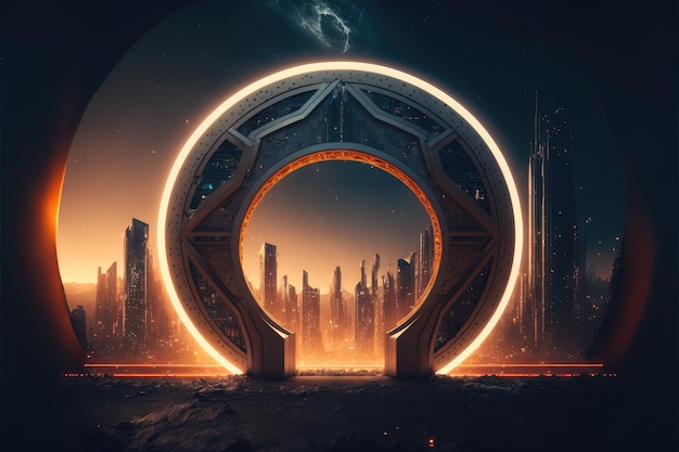 The world revolution of through circle future portal background of skyscraper