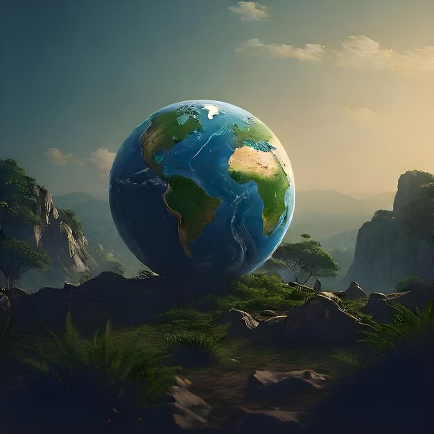 a world on a rock with a mountain in the background