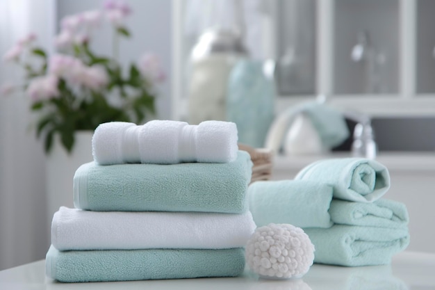 The world's softest towels against a minimalistic background Stacked white towels sit on top of a soap dish in a bathroom AI Generative