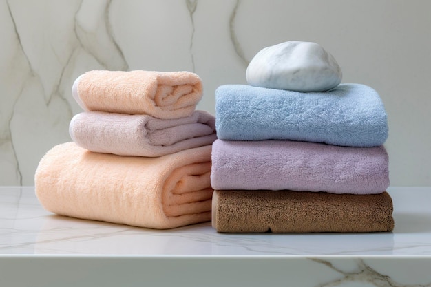 The world's softest towels against a minimalistic background Stacked white towels sit on top of a soap dish in a bathroom AI Generative