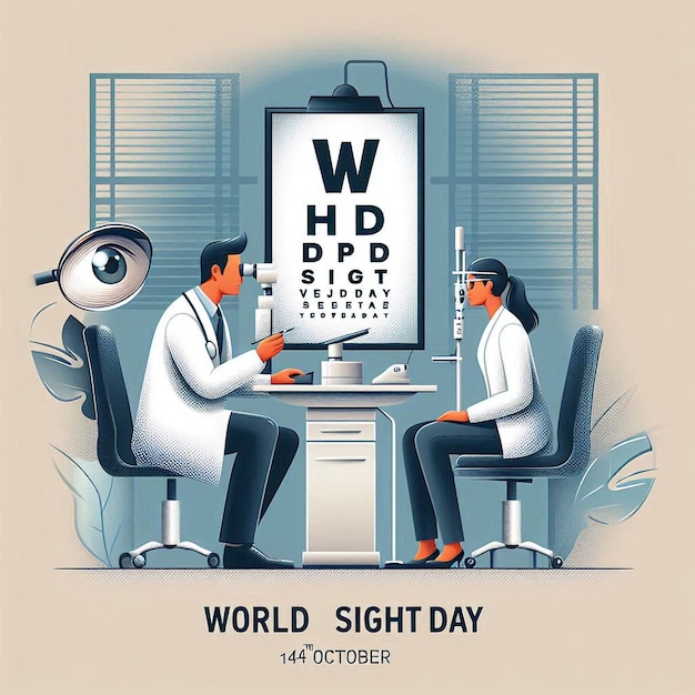 World Sight Day Invitation Girl Undergoing Eye Exam at Ophthalmologist Flat Vector Illustration