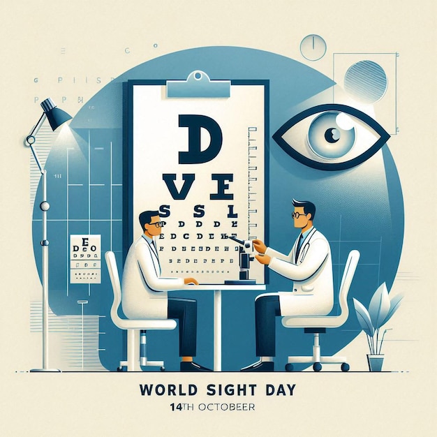 World Sight Day Invitation Girl Undergoing Eye Exam at Ophthalmologist Flat Vector Illustration