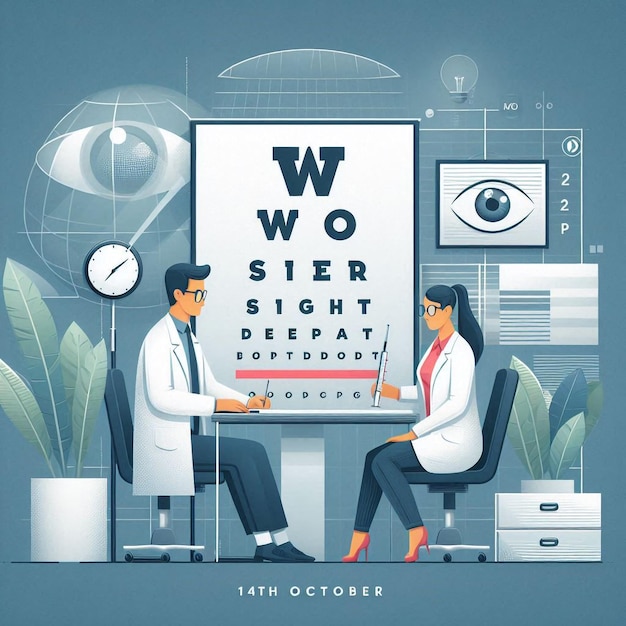 Photo world sight day invitation girl undergoing eye exam at ophthalmologist flat vector illustration