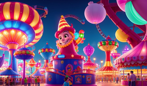 World Smile Day carnival at a bustling fairground bright neon lights illuminating the night