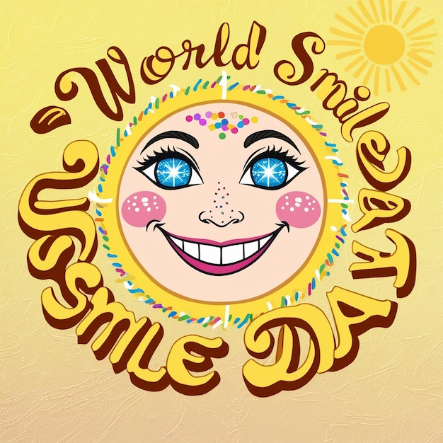 Photo world smile day lettering on sticker on yellow background