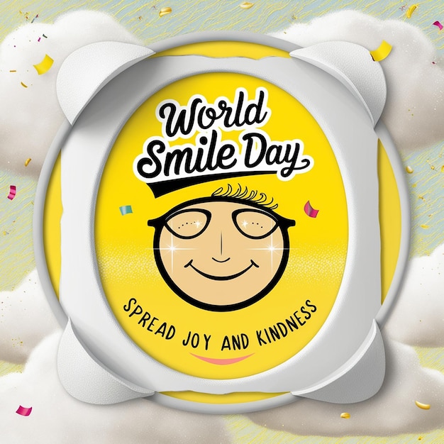 world smile day lettering on sticker on yellow background