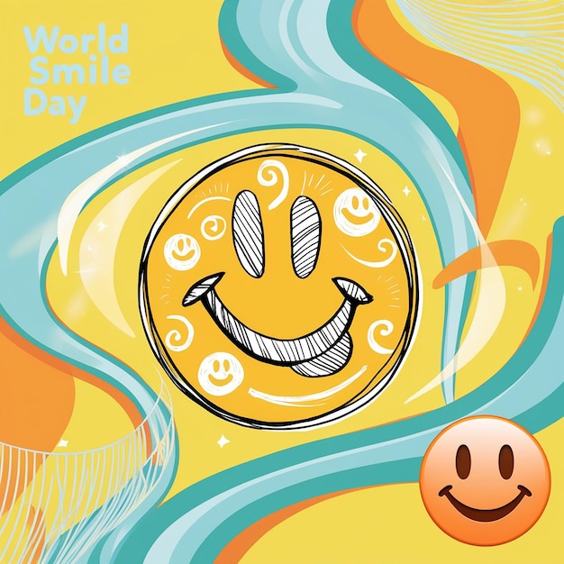 Photo world smile day lettering on sticker on yellow background