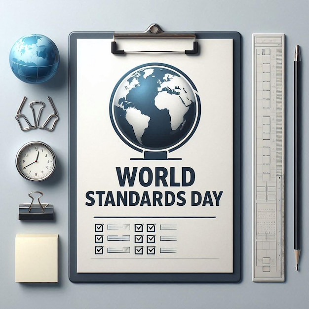 World Standards Day Vector Illustration Globe Stopwatch Ruler Scale Quality Board