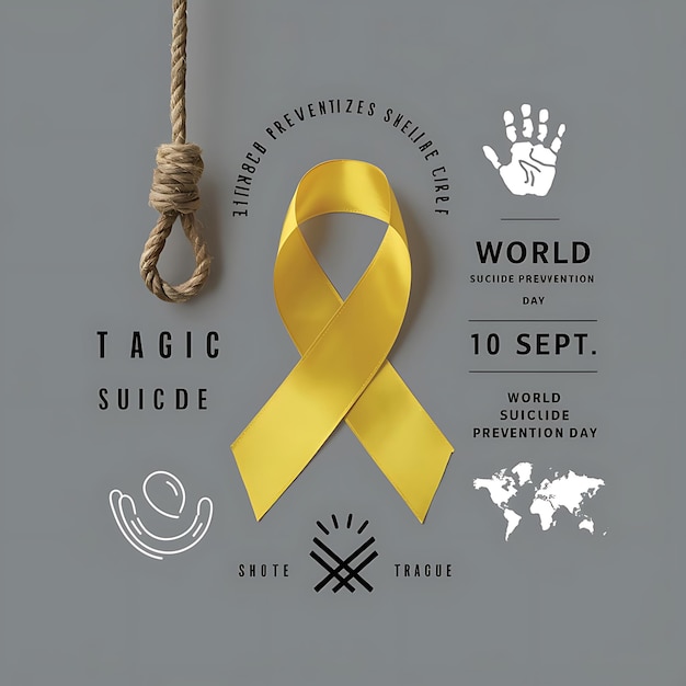 World suicide prevention day awareness and support ribbon in orange and yellow color