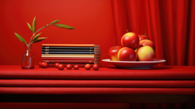 World Teachers Day image with apples books and pencils on table and red background