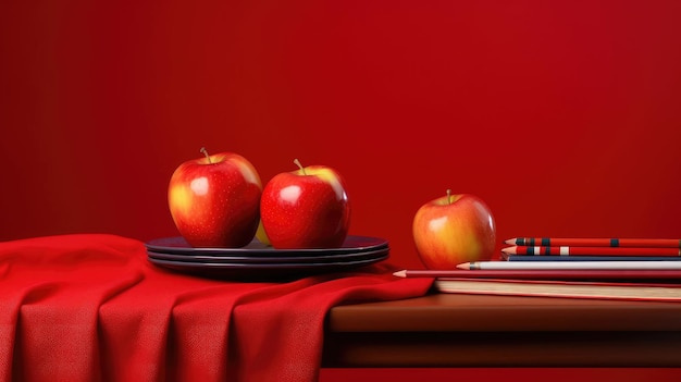 World Teachers Day image with apples books and pencils on table and red background