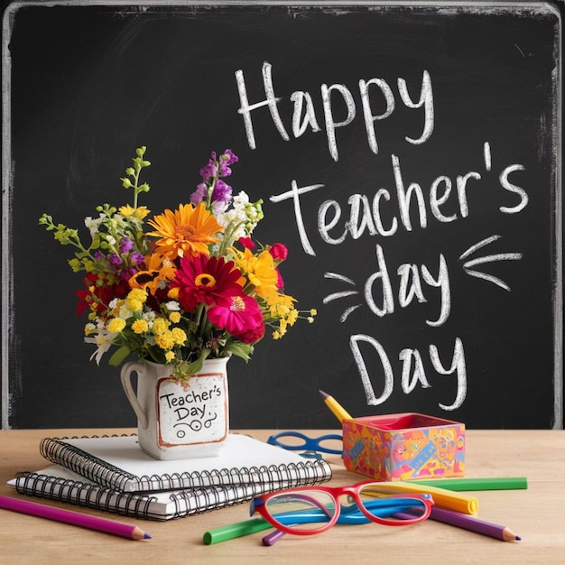 Photo world teachers day poster vintage chalkboard with classroom items and happy teacheraposs day text 1