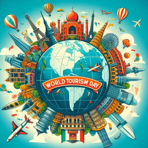 World tourism day background with landmarks and transport