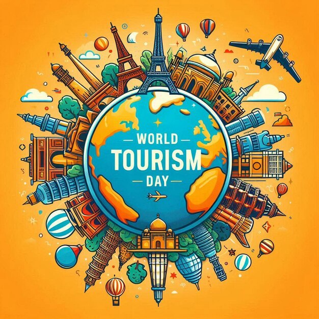 Photo world tourism day background with landmarks and transport