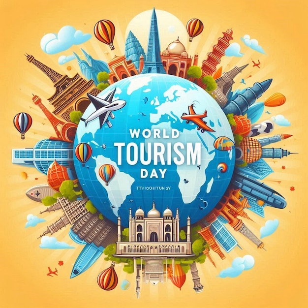 Photo world tourism day background with landmarks and transport