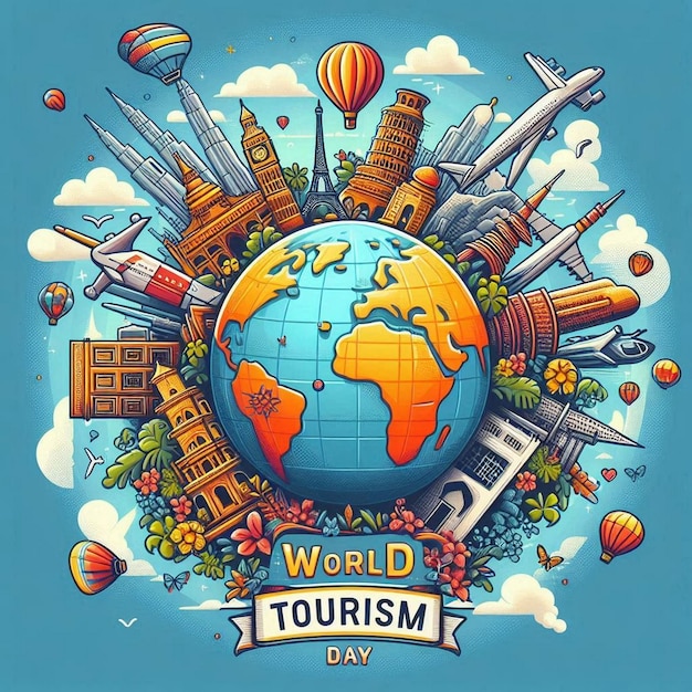 Photo world tourism day background with landmarks and transport