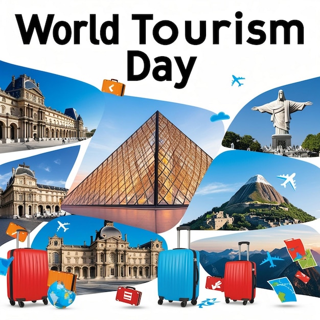 World Tourism Day celebration template with travel destinations