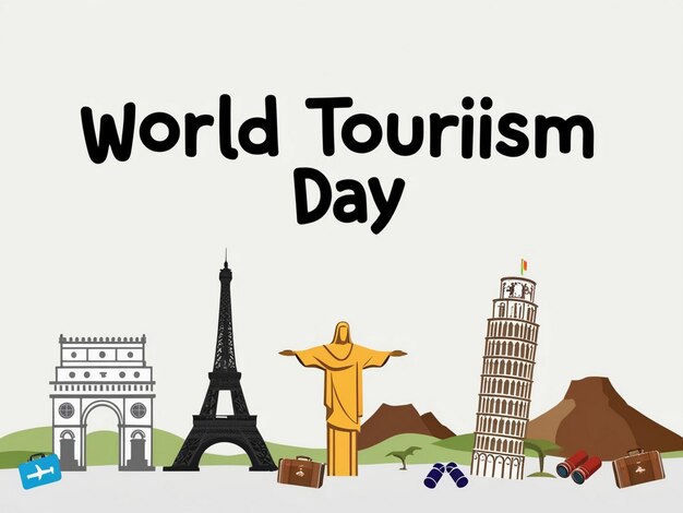 Photo world tourism day template with global landmarks and travel icons