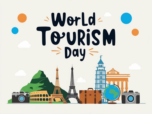 Photo world tourism day template with global landmarks and travel icons