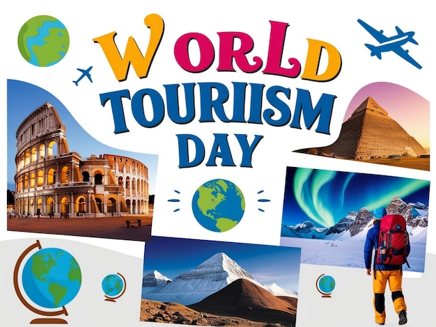 World Tourism Day template with global landmarks and travel icons