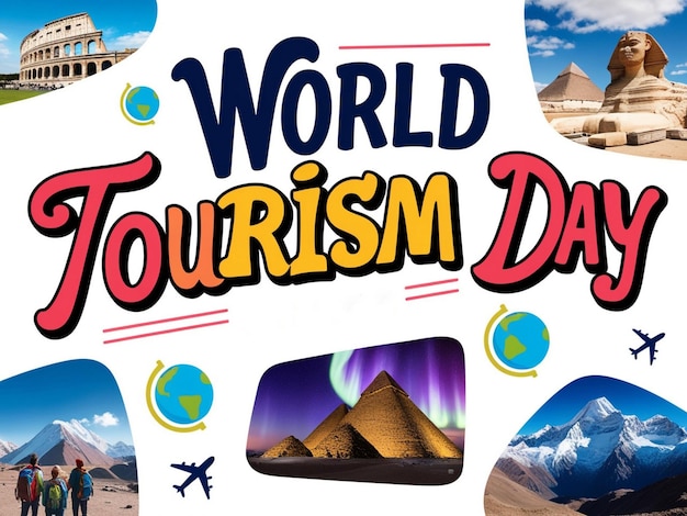 World Tourism Day template with global landmarks and travel icons