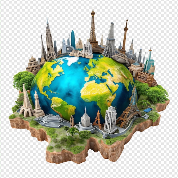 World Travel Art with Globe and Monuments transparent background PNG