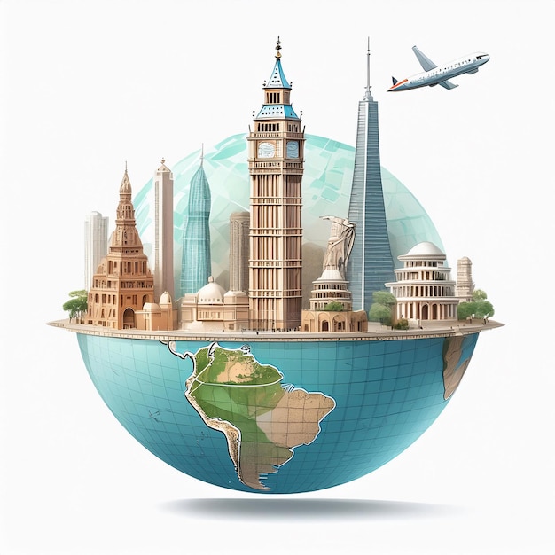 World travel concept with renowned landmarks