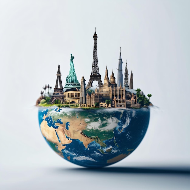 Photo world travel landmarks concept with iconic cities and halfearth