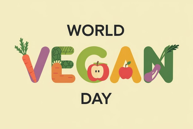 Photo world vegan day celebration with vibrant illustrated letters