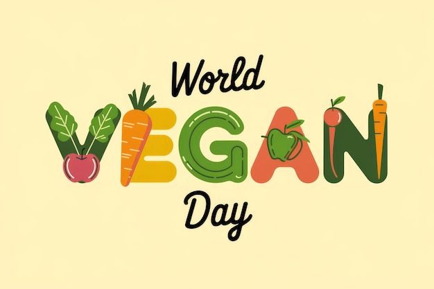 Photo world vegan day celebration with vibrant illustrated letters