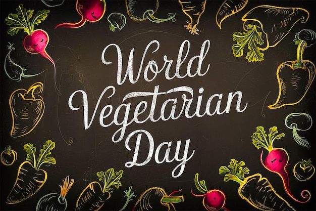 Photo world vegetarian day chalkboard art with colorful vegetable doodles in chalkstyle font