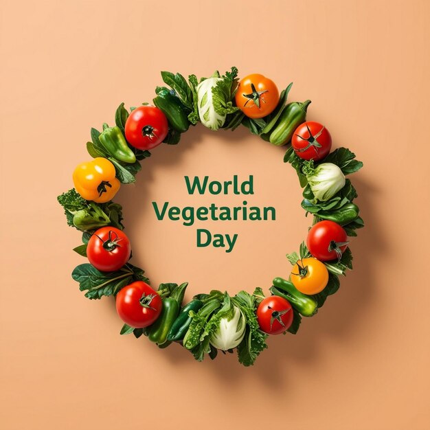 Photo world vegetarian day vegetable wreath featuring kale spinach peppers and tomatoes on a beige background