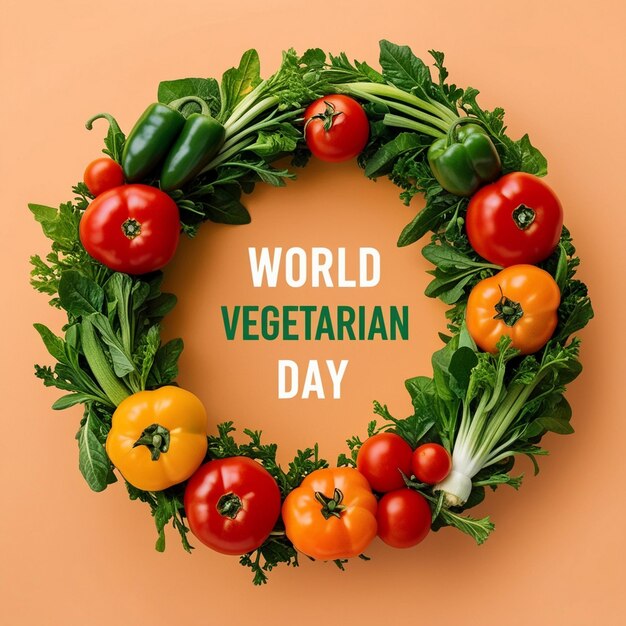 Photo world vegetarian day vegetable wreath featuring kale spinach peppers and tomatoes on a beige background