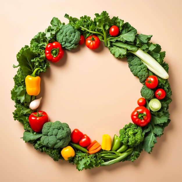 Photo world vegetarian day vegetable wreath with kale spinach peppers and tomatoes on beige background