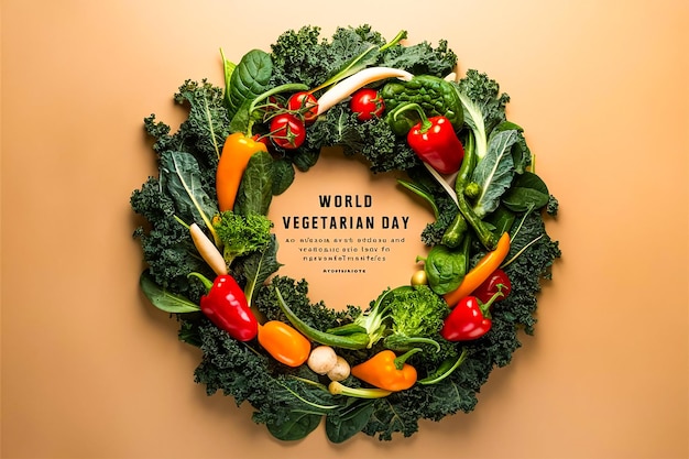 Photo world vegetarian day vegetable wreath with kale spinach peppers and tomatoes on beige background