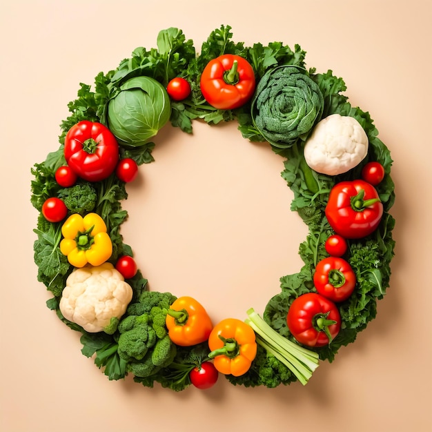 Photo world vegetarian day vegetable wreath with kale spinach peppers and tomatoes on beige background