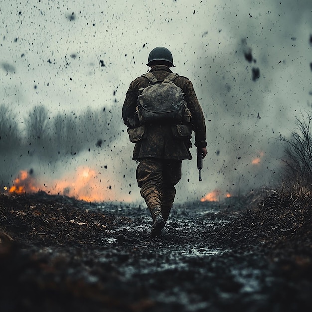 Photo world war ii soldier walking away through a battlefield a powerful moment of reflection