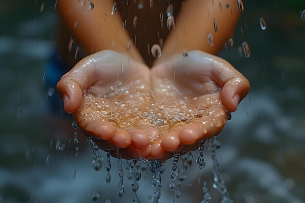 World Water Day Childrens hands with clean water The background is natural Soft blur background