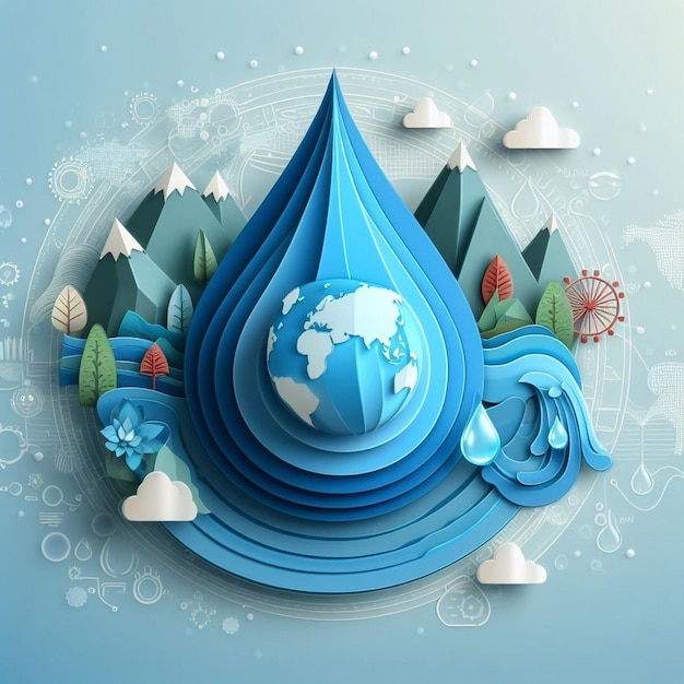 World water day concept with 3d paper art and digital craft style illustration a drop of water in re