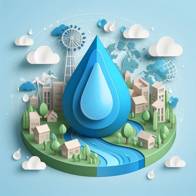 World water day concept with 3d paper art and digital craft style illustration a drop of water in re