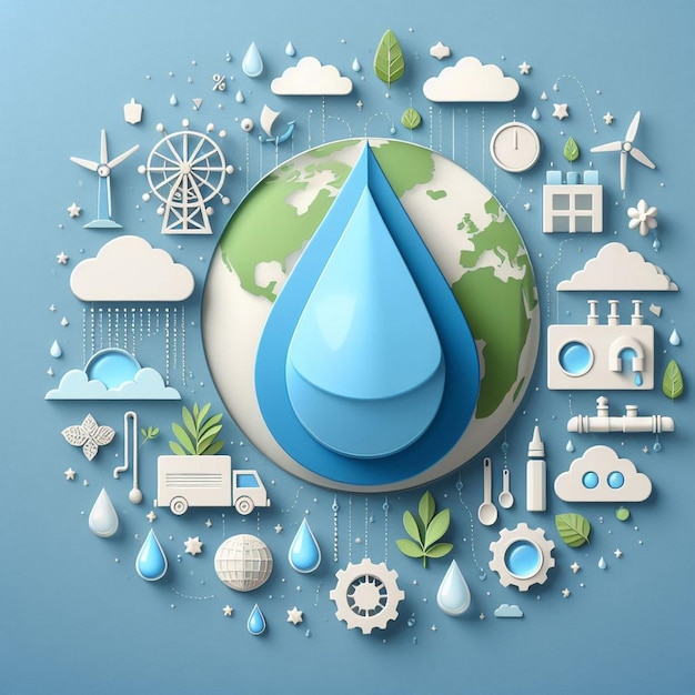 World water day concept with 3d paper art and digital craft style illustration a drop of water in re