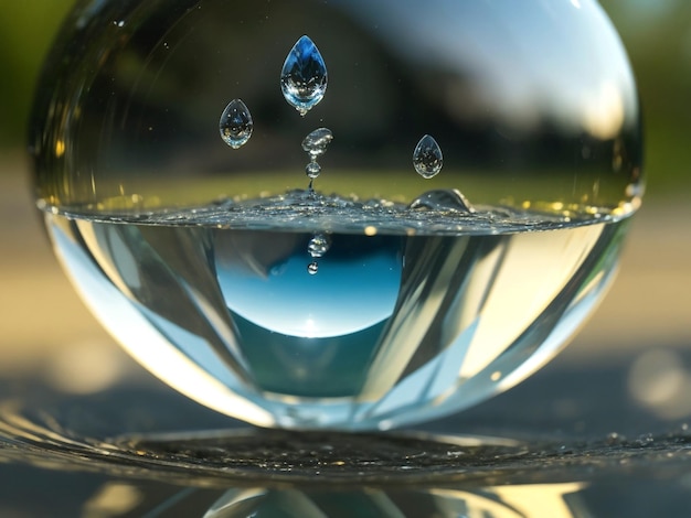 World Water Day with dropping Closeup of crystal ball with glass reflection Background